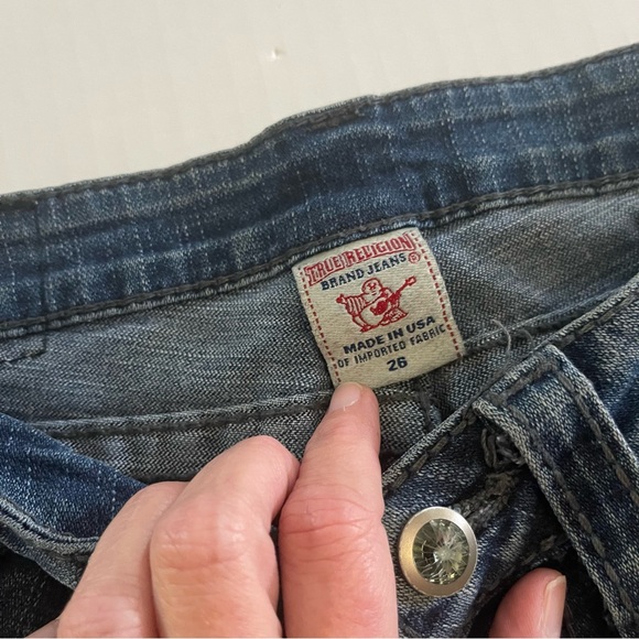 True religion low rise bootcut rhinestone distressed jeans size 26 medium wash - Picture 7 of 7